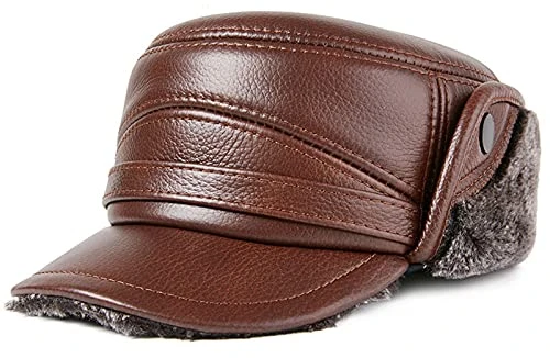 Men's PU Leather Cap Winter Faux Fur Ear Flap Hat Trapper Hunting Trucker Cap with Warmth Lined, Brown, L