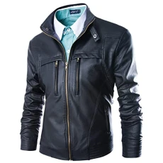 Men's PU Leather Jacket Zipped Biker Jacket Retro Stand Collar Bomber Jackets Casual Long Sleeve Jacket Coats with Pockets