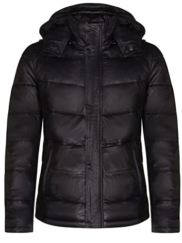 Men's Puffer Black Leather Quilted Warm Bomber Hooded Jacket XS