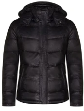 Men's Puffer Black Leather Quilted Warm Bomber Hooded Jacket XS
