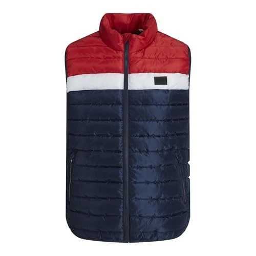 Mens Puffer Gilet- Warm, Breathable, High Collar, Water-Resistant, Zipper Pocket Outerwear Jacket for Men, Navy True Red, Size- Large