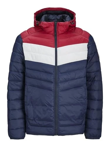 Mens Puffer Jacket 100% Nylon Quilted Padded Windproof Outdoor Jacket for Men, Navy True Red Colour, Size- M