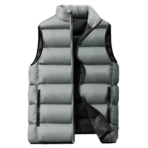 Men's Puffer Vest Winter Warm Down Vest Solid Color Stand Collar Lightweight Gilets Grey XXL