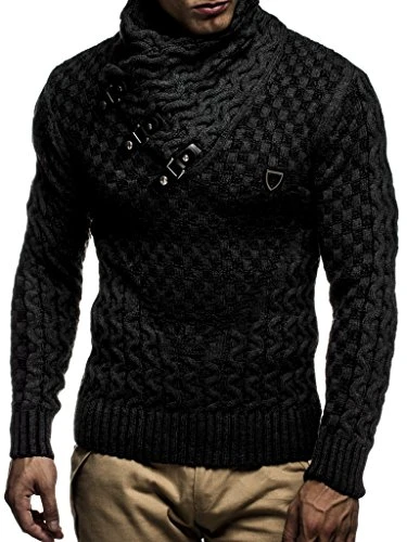 Men's Pullover Knit Sweater chunky knit shawl collar LN-5255 Anthracite Black X-Large