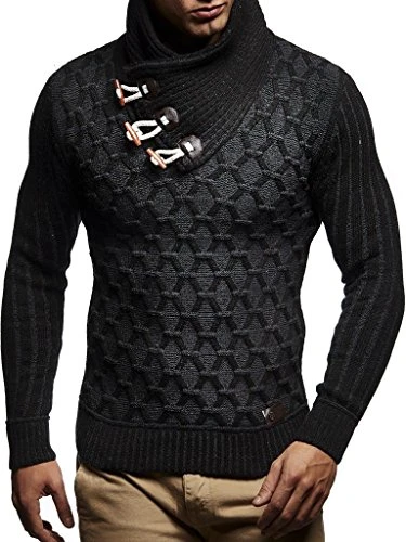 Men's Pullover Knit Sweater Chunky Knit Shawl Collar LN-5385 Anthracite Black Medium