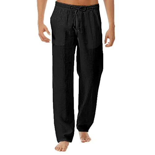 Mens Pure Cotton Linen Trousers, Casual Jogging Loose Men Straight Legs Sweatpants, Breathable Long