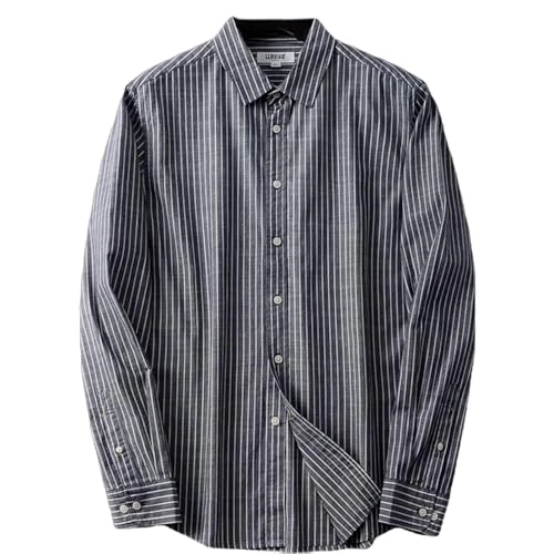 Men's Pure Cotton Retro Striped Workwear Shirt Loose Size Long Sleeve Shirt, black, 3XL