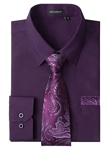 Men's Purple Shirts Long Sleeve Formal Dress Shirt and Tie Set Business Plain Shirts Casual Wedding 