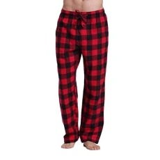 Mens Pyjama Pants Set Flannel Cotton Plaid Sleep & Pants Mens Pyjama Bottoms Fleece Pants Plaid Pyjamas Long Thermal Sleep Nightwear Bottoms with Pockets Drawstring Soft Trous (XL)