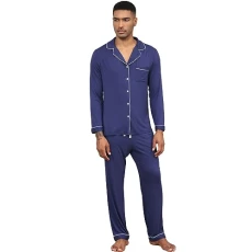 Mens Pyjama Sets Long Sleeve Button Up Shirts and Long Pants Plain Nightwear Sleepwear PJs Notch Collar Loungewear Navy Blue XL