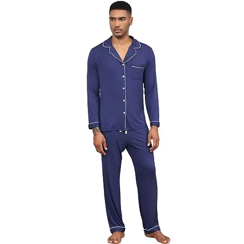 Mens Pyjama Sets Long Sleeve Button Up Shirts and Long Pants Plain Nightwear Sleepwear PJs Notch Collar Loungewear Navy Blue XL