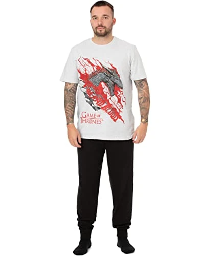 Mens Pyjamas | Adults Loungewear Pants & White T-Shirt Complete PJ Set | Fire and Blood Targaryen Dragon Short Sleeve Tee Long Leg Pajama | Nightwear Merchandise Gift for Him