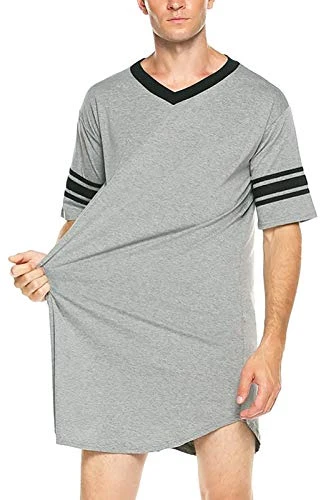 Men's Pyjamas Cotton Short Sleeve Nightgowns Sleep Shirts V-Neck Loose Sleepwear Patchwork Casual Ho