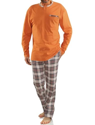 Men's Pyjamas Long Cotton 100% Cotton Winter Nightwear Pajamas Two-Piece Lingerie Long Sleeves Long Trousers, T-shirt - Orange; Check Pants - Beige, Brown, 4XL Plus