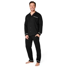 Mens Pyjamas Set - Classic Button Down Nightwear Long Sleeve & Bottoms PJs Cosy Cotton Lounge Wear M-3XL - Sleepwear Gifts for Him (Black, 2XL)