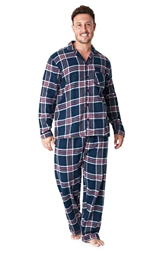 Mens Pyjamas Set, Cotton Men's Nightwear, Check Plaid Loungewear, Traditional Flannel PJs Set, Gifts for Men (L, Navy/Burgundy)