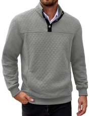 Men's Quarter Sweatshirt Casual Long Sleeve Waffle Quilted Stand Collar Outdoor Pullover Sweatshirts, Light Grey, XX-L