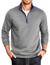 Mens Quarter Zip Pullover Mock Neck Quilted Sweatshirt Casual Long Sleeve Polo Sweater, Light Gray, 3XL