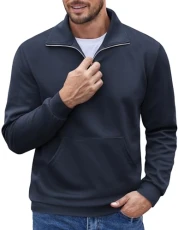Men's Quarter Zip Up Pullover Long Sleeve Casual Polo Sweatshirt Slim Fit Mock Neck Sweaters with Pocket, Navy Blue, XX-L