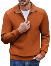 Men's Quarter Zip Up Pullover Slim Fit Mock Neck Long Sleeve Sweaters Casual Corduroy Polo Sweatshirt, Caramel Brown, L