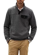 Men's Quilted 1/4 Snap Sweatshirts Outdoor Casual Long Sleeve Henley Pullover Sweatshirts, Gray, Large