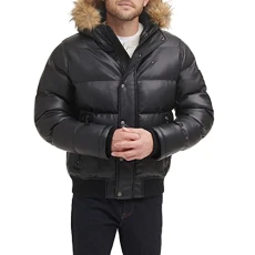 Men's Quilted Arctic Cloth Snorkel Bomber Jacket with Removable Hood (Standard and Big & Tall), Black Faux Leather, L