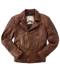 Men's Quilted Detail Real Leather Tan Biker Jacket, Brown, Large