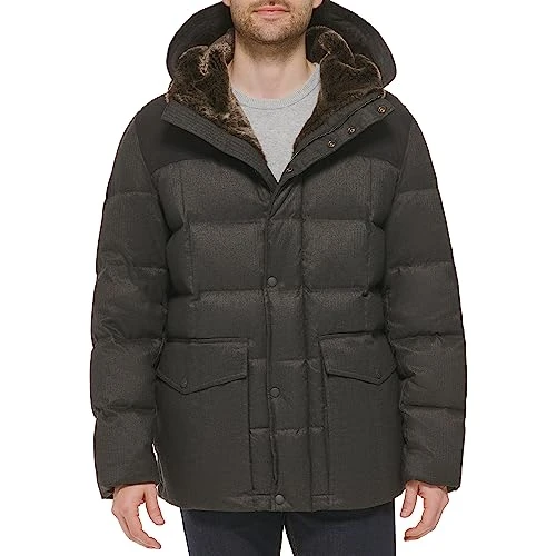 Men's Quilted Flannel Packable Down Parka, Charcoal, L