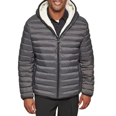 Men's Quilted Hooded Reversible Puffer Jacket with Sherpa, Grey, M Men's Quilted Hooded Reversible Puffer Jacket with Sherpa, Grey, M