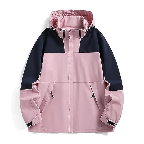 Men's Quilted Jacket Lightweight Breathable Hooded Jacket Windproof Rain Coat Contrast Patchwork Lightweight Waterproof Jacket Men, pink, 4X-Large