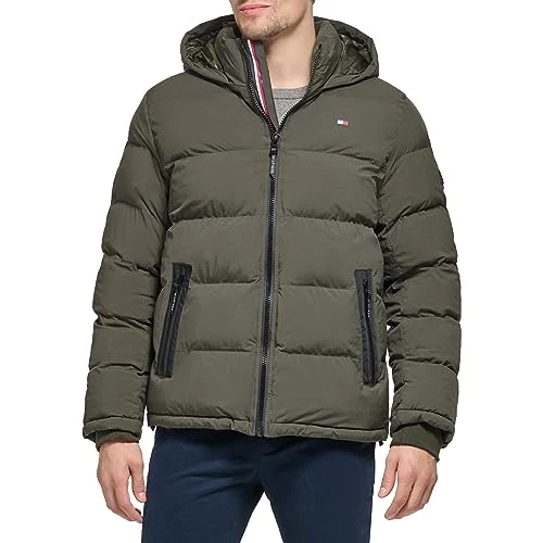 Men's Quilted Jacket with Hood, Dark Olive, S
