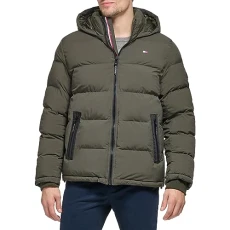 Men's Quilted Jacket with Hood, Dark Olive, S