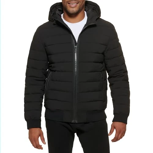 Men's Quilted Performance Hooded Bomber Jacket Down Alternative Coat, Black Matte Stretch, Small