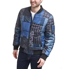Men's Quilted Puffer Bomber Jacket Coat, Denim Patchwork, S