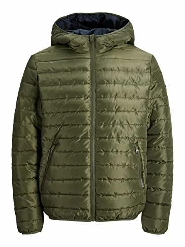 Mens Quilted Puffer Jacket, Hooded, Padded, Full Zip Olive Night Size - L