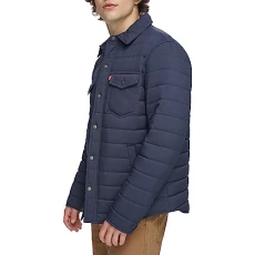 Men's Quilted Stretch Bomber Shirt Jacket, Navy, L Men's Quilted Stretch Bomber Shirt Jacket, Navy, L