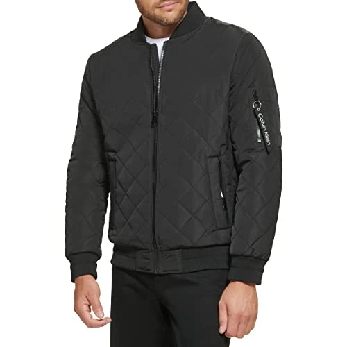 Men's Quilted Zipper Detail Flight Jacket, Black, M