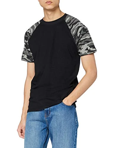 Men's Raglan Contrast Tee T-Shirt, Black/darkcamo, L