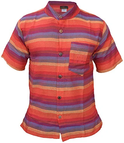 Men's Rainbow Striped Collarless Grandad Full Button Half Sleeve Shirt XXX-Large