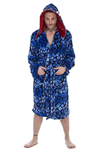 Mens Raptor Dressing Gown with Velociraptor Face 3D Hood - All Over Print Dinosaur Design - Supersoft Flannel Fleece - Size M/L