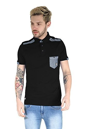 Mens RAWCRAFT Collared Button Up Short Sleeve Single Chest Pocket Polo T Shirt Black