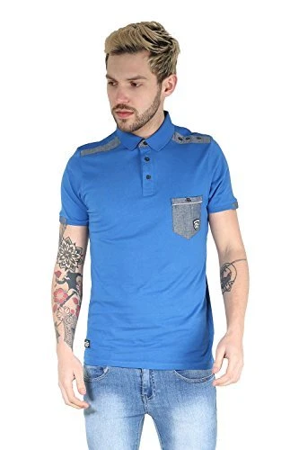 Mens RAWCRAFT Collared Button Up Short Sleeve Single Chest Pocket Polo T Shirt Royal Blue