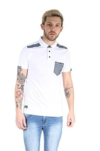 Mens RAWCRAFT Collared Button Up Short Sleeve Single Chest Pocket Polo T Shirt White