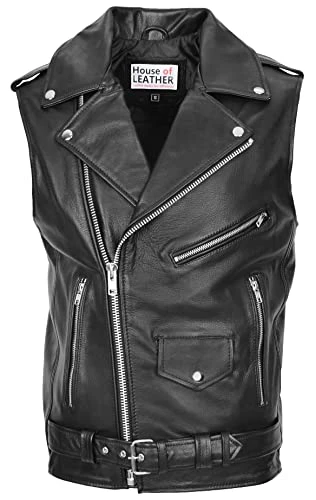 Mens Real Leather Biker Gilet Brando Style Vest Jones Black (L)