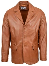 Mens Real Leather Blazer Three Button Jacket David (S, Tan) Mens Real Leather Blazer Three Button Jacket David (S, Tan)