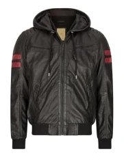 Mens Real Leather Bomber Hooded Jacket Blue Black Red White Black Yellow Brown - Black M