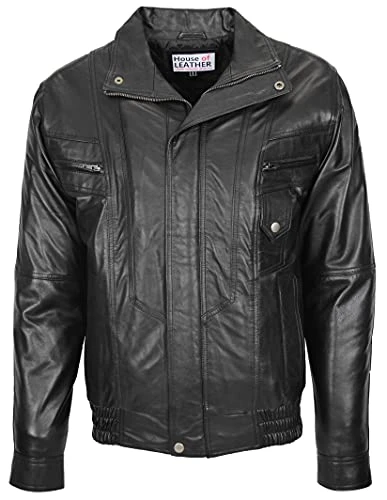 Mens Real Leather Bomber Jacket Classic Blouson Style Robert (M, Black)
