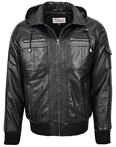 Mens Real Leather Bomber Jacket Detachable Hoodie Style Bronx Black (XL)
