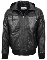 Mens Real Leather Bomber Jacket Detachable Hoodie Style Bronx Black (XL) Mens Real Leather Bomber Jacket Detachable Hoodie Style Bronx Black (XL)