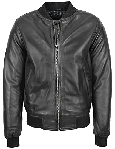 Mens Real Leather Bomber Jacket MA-1 Varsity Style Ryan (S, Black)